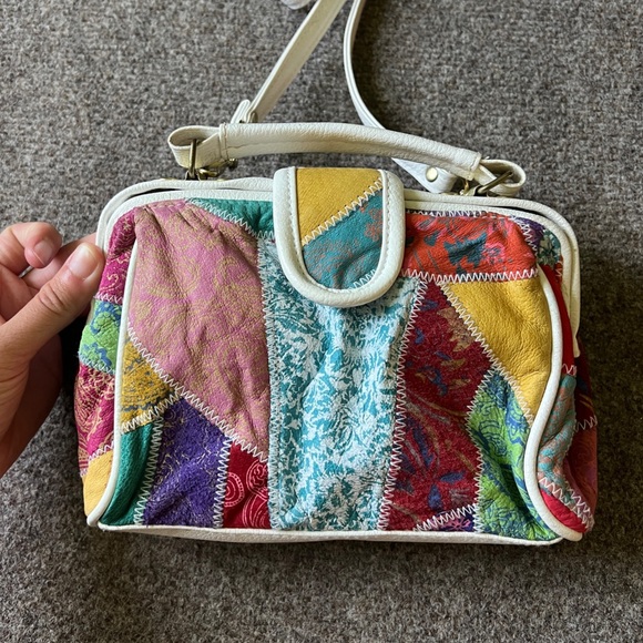 Vintage 90s Y2K Chateau Genuine Leather Patchwork Top Handle Crossbody Bag - Picture 3 of 15